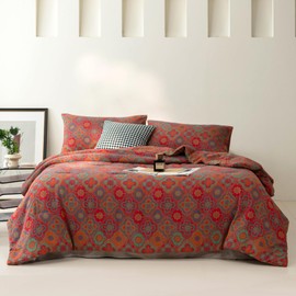 Purefair 100% Cotton Muslin Jacquard Comforter Set, Rustic Farmhouse Floral Print, Soft Lightweight Reversible 3 Piece Bedding Sets for All Season, Red, Full/Queen(90"x90")