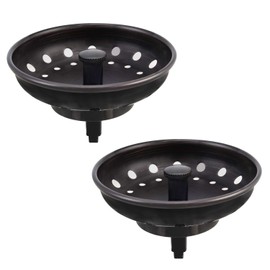 KONE Kitchen Sink Stopper and Strainer 2 Pack Oil Rubbed Bronze Sink Basket Strainer Replacement for Standard 3-1/2 inch Drain, Stainless Steel ORB Body Metal Center Knob with Rubber Drain Stopper