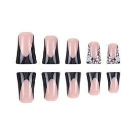 Black French Press on Nails Medium Length Fake Nails with Duckbill Shape Design Full Cover Glossy Artificial Nails 3D Rhinestone Glue on Nails Summer False Nails DIY Art for Women 24 Pcs