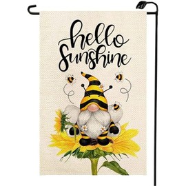 Hello Sunshine Bees Gnome Sunflower Summer Garden Flag 12x18 Inch Double Sided for Outside Funny Spring Farmhouse Seasonal Holiday Outdoor Yard Decoration Flag XJ14