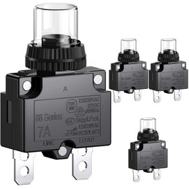 CLDIY 7A Circuit Breaker with Thermal Overload Protection, 88 Series Manual Push Button Reset with Quick Connection Terminals and Waterproof Keycap 32VDC or 125/250VAC, 4 Pieces