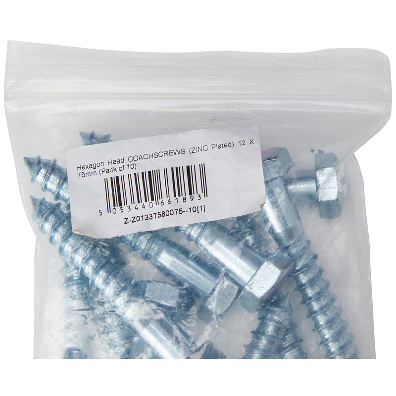 AHCHexagon Head COACHSCREWS (ZINC Plated) 12 X 75mm (Pack of