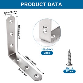 VooGenzek 2 PCS 100x100x20x3 mm L Brackets, Stainless Steel L Shaped Corner Braces, 90 Degree Right Angle Brackets Fastener, Corner Brackets, with 12 PCS Screws, for Furniture Desk Table Shelf