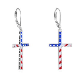 POPLYKE American Flag Cross Earrings for Women 925 Sterling Silver Patriotic Hook Earrings Red White Blue Dangle Jewelry for Gifts