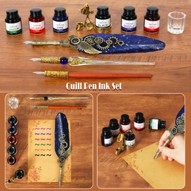Quill Pen Ink Set-Feather Calligraphy Pen and Ink Set,Includes 6 Bottles of Ink,Quill Pen,Glass Dipping Pen,Wooden Dipping Pen,17 nibs,8 Sheets of Writing Paper,Envelope,Spoon-Blue