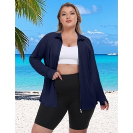 FOREYOND Womens Plus Size UPF 50+ Lightweight Athletic Jacket Sun Protection Full Zip Long Sleeve Sun Shirts Hiking Outdoor Pockets, Navy, 5XL