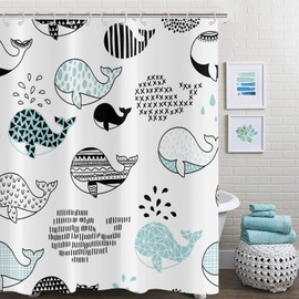 Hnmdmyi Funny Shower Curtain 180x180, Cartoon Whale Shower Curtains Cute Ocean Animal Abstract Black Blue Fish Kids Bathroom Curtains with Hooks Waterproof Polyester Fabric Washable Bath Curtains