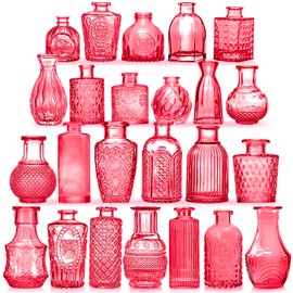 KOIUEYW Red Glass Bud Vases Set, 24 Pcs Vintage Small Vases for Flowers, Crystal Mini Glasses in Bulk, Small Flower Design for Centerpieces Wedding Decorations Home Flower Party Decor