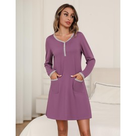 Marvmys Womens 2 Pack Nightgown Sleepshirt Long Sleeve Nightshirt Plain/Floral Night Gown Purple& Grey Floral L