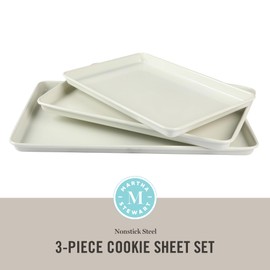 Martha Stewart Gallen 3-Piece Cookie Sheet Set – 13", 15", 17" Baking Pans, Ceramic Nonstick, PFA-Free, Carbon Steel – Oven Safe to 450°F, Warp-Resistant, Easy to Clean - Linen White