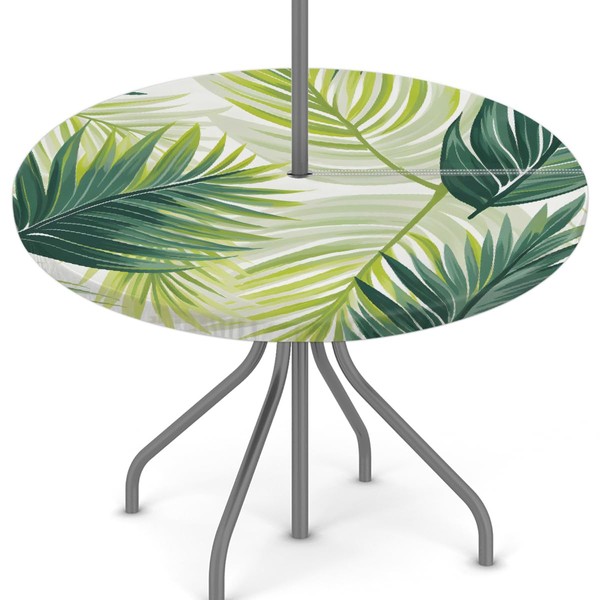 Round Fitted Tablecloth with Umbrella Hole Poppy Green Leaf Outdoor