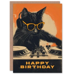 Artery8 Birthday Card DJ Decks Black Cat Lover Sunglasses For Him Man Male Dad Brother Son Papa Grandad Greeting Card