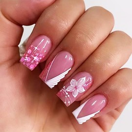 Spring Flower Press on Nails Curve Line Medium Square False Nails French Tips Gel Glue on Nails 24Pcs Glossy Pink Glitter Stick on Nails Peach Blossom Acrylic Fake Nails for Coquette Women Girls