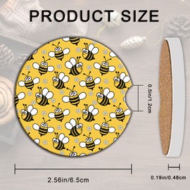 BAMOWEY Cute Bee Pattern Car Coaster for Cup Holders,2 Pack Absorbent Ceramic Car Cup Holder Coaster for Women Men,2.56 Inch with Finger Notch and Cork Base for Most Cars Interior