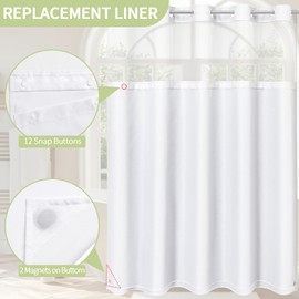 Litabel White Fabric Snap-in Shower Curtain Liner Replacement, 70W x 61H Waterproof Removable Liner for No Hook Shower Curtains with Snap in Liner, Soft Cloth & Hotel Quality, Machine Washable