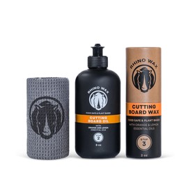 Rhino Wax Essentials Cutting Board Kit - Includes Cutting Board Oil, Cutting-Board Wax and Microfiber Cloth - Natural Coconut Blend of Oils and Waxes (NO Mineral Oil) - Condition Protect - Made in USA