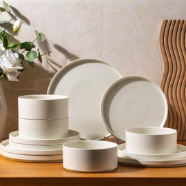 GBHOME Ceramic Dinnerware Sets of 4,Stoneware Plates and Bowls Sets,Chip and Crack Resistant | Dishwasher & Microwave Safe Dishes Set,Scratch Resistant- Service for 4 (12pc)-Matte Cream