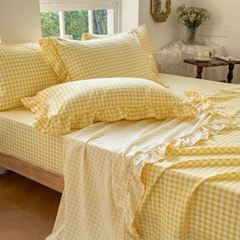 NSNLGSGC Yellow Gingham Ruffle Twin Sheet Set, Yellow Soft Pre-Washed Microfiber Plaid Twin Bed Sheets, 3-Pieces Farmhouse Sheet Set with Deep Pocket