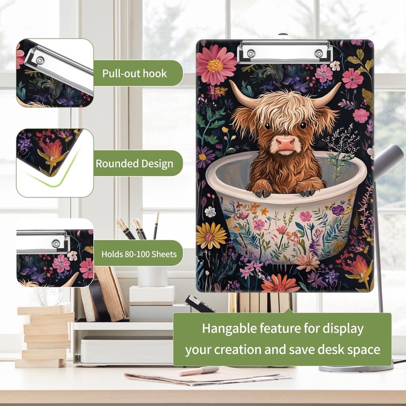 Highland Cow Clipboard, Cute Decorative Clip Board with Metal Clip