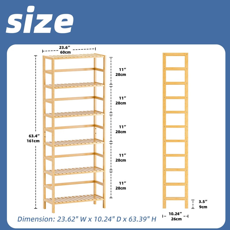 HITNET Bamboo Shelf, 6-Tier Adjustable Tall Open Bookcase, Bathroom Storage
