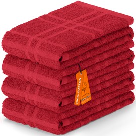 DecorRack Large Kitchen Towels, 15" x 25" Absorbent Dishcloths, 100% Cotton Hand Towels, Plaid Pattern Cleaning Rags, Red Set (Pack of 4)