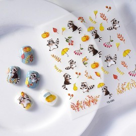 Fall Maple Leaves Nail Art Stickers Pumpkin Nail Decals Autumn Leaves Nail Stickers Cute Raccoon Fallen Leaf Nail Design Stickers Thanksgiving Day Nail Supplies Accessories for Women Nail Decoration