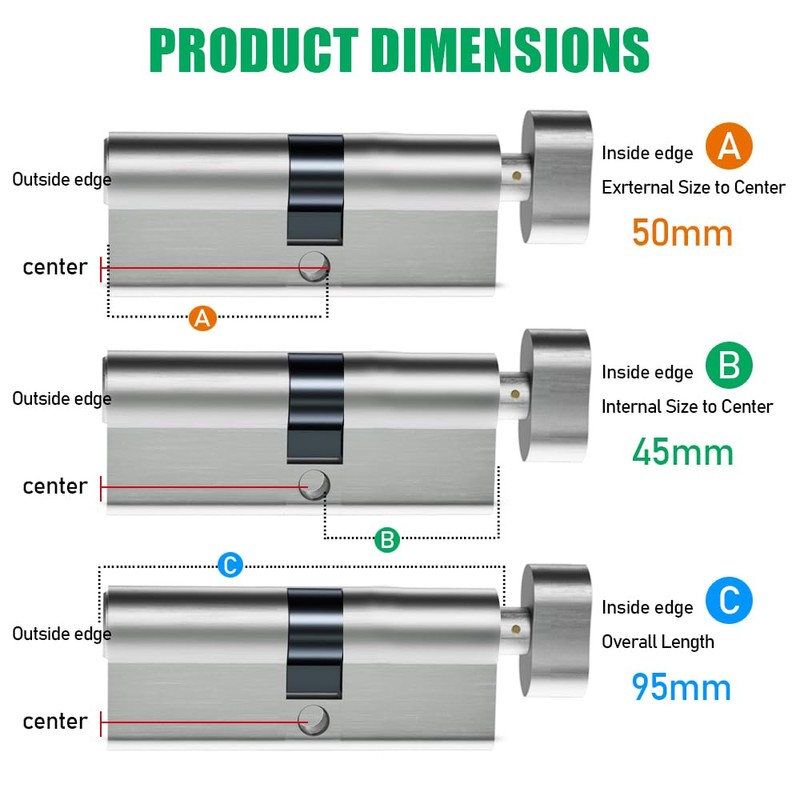SISAV 50/45T Thumb Turn Euro Lock Cylinder(95mm),Brass Material,Nickel Surface Treatment,High