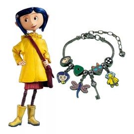 Pulsera Negra Muñeca Coraline Libelula Gato Llave Boton