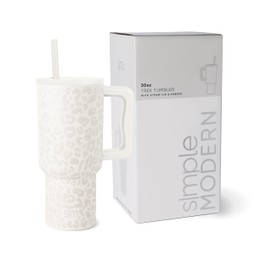 Simple Modern - Vaso de 30 onzas con asa y tapa de popote, taza aislada reutilizable, botella de agua de acero inoxidable, taza de viaje, apto para tazas | Regalos para mujeres y ella | Colección Trek | Leopardo crema