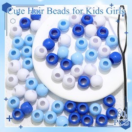 NAISKA 60Pcs Blue Round Hair Beads for Kids Girls Acrylic White Kids Hair Beads Small Pony Beads for Hair Cute Dreadlock Loc Beads Toddler Hair Jewelry for Women Braid Clips Accessories