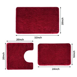 WCBSTT 3 Pieces Luxury Bathroom Rug Set with U-Shaped Toilet Rug, Non-Slip Rubber Bottom, Thick Microfiber Fluffy Plush, Water Absorption, Quick Dry, Ultra Soft, Bath Mats for Bathroom, Tub(Dark Red)