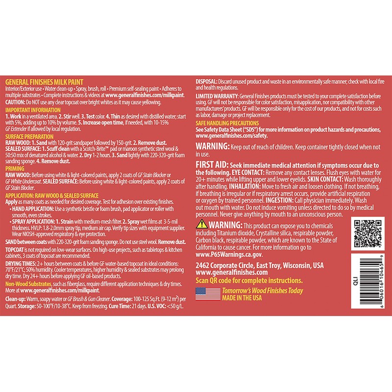 General Finishes Water Based Milk Paint, 1 Quart, Linen