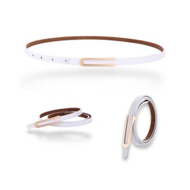 Women's Fashion Elegant Skinny Slim Genuine Leather Belts Waistband Thin Waist Belt With Gold Color Alloy Buckle, 2-pack, Black & White, For Waist 28"- 34", Women Size S-M, 4-6