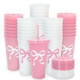 FYSUIMU 16Pcs Bow Plastic Cups Pink White Bowknot Plastic Tumbler Cute Coquette Cold Cup with Straw and Lids for Home Office Party Supplies
