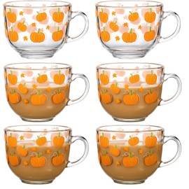 Sliner 6 Pcs Fall Pumpkin Glass Coffee Mugs with Handle, 16 oz Thanksgiving Clear Irish Coffee Mugs Autumn Maple Leaf Holiday Cups Footed Irish Glasses for Beverages Latte Hot Chocolate(Pumpkin)
