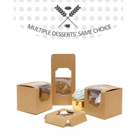 qiqee Auto-pop up Cupcake Boxes 100-Packs Individual Cupcake Container Brown Kraft 3.5" x 3.5" x 3.5" Single Cupcake Boxes