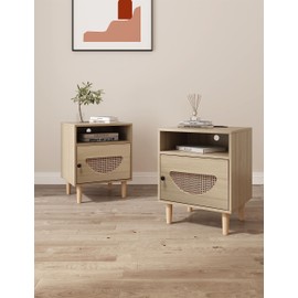 KIETLER Rattan Nightstand Set of 2 with Charging Station, Boho End Table, Side Table with USB Ports & Power Outlets，1 Storage and Solid Wooden Legs for Bedroom, Living Room, Natural