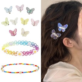 LilaLemon 9pcs Glitter Small Butterfly Hair Claw Clips with 2pcs Choker, 90s Mini Sparkly Hair Accessories, Colorful Tiny Clips for Girls and Women