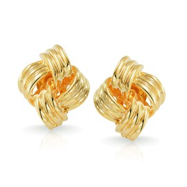 Geometric Square Two Tone Rope Cable Love Knot Clip On Earrings For Women Non Pierced Ears Gold Plated Brass
