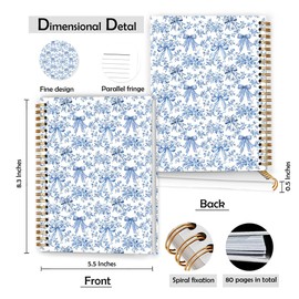 XUNLURY Fancy Coquette Navy Blue Bow Spiral Notebook 5.5x8.3 Inch, Chinoiserie Floral Notebooks for Note Taking, Trendy Preppy Journal for Writing, Girly Aesthetic Journal Journaling