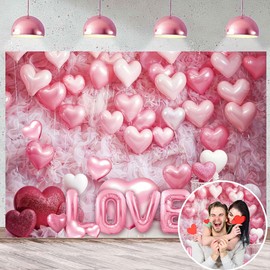 Pink Heart Photo Backdrop Valentine's Day Decorations 8x6FT White Wood Floor Pink Loveheart Balloons Photography Background Birthday Baby Shower Birthday Party Selfile Wall Decor