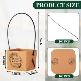 Aliceset 100 Pcs Let Love Grow Succulent Wrap Bulk Succulent Gift Wrap Bag with Plastic Handle Kraft Paper Gift Box Basket Baby Shower Wedding Party Favor, Not Include Plant Pot，2.2 x 2.2 x 2.1 inch