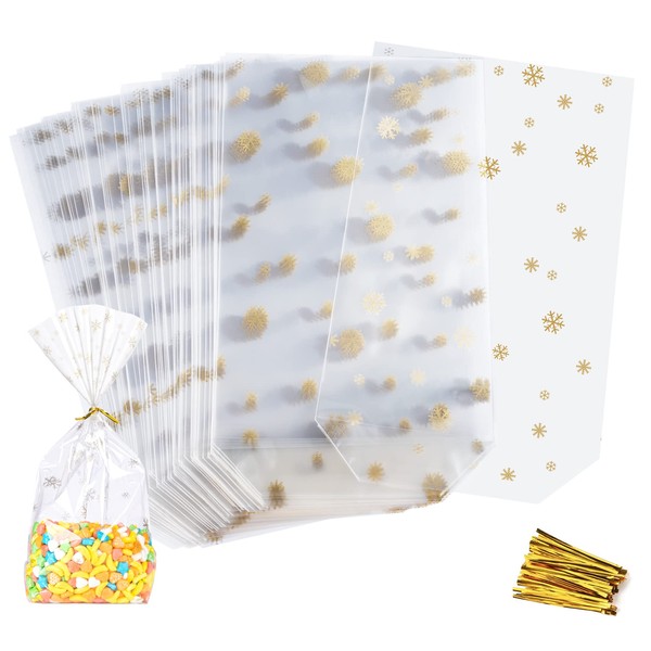 Anstore 100pcs Christmas Cellophane Treat Bags, Snowflake Clear Flat Cello Candy Bags,Sweet Party Gift Bags OPP Plastic Bags with 100 Twist Ties for Candy Cookie Xmas Party Supplies (Gold)