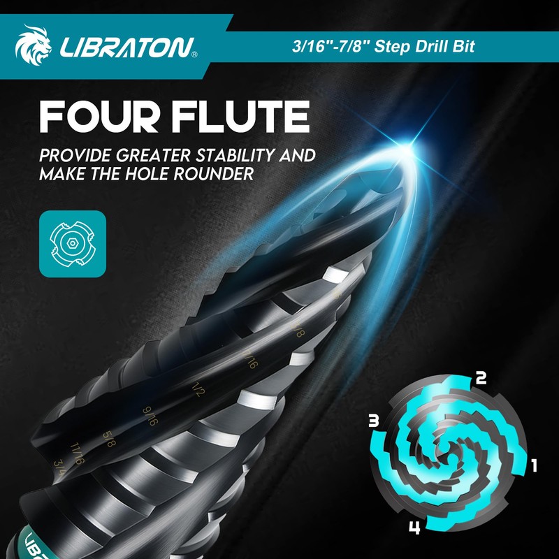 LIBRATON Four Spiral Flute Step Drill Bit, M35 Cobalt Unibit