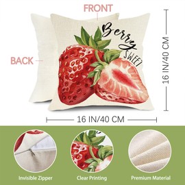 Fjfz Spring Summer Strawberry Decorative Throw Pillow Covers 16 x 16 Set of 4, Berry Sweet Flower Basket Gather Porch Outdoor Home Decor, Home Sweet Home Live Laugh Love Bee Couch Cushion Case