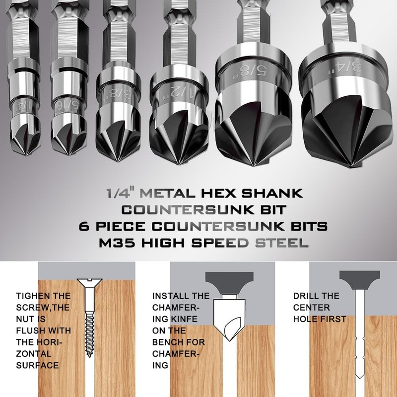 M35 Cobalt Countersink Drill Bit Pro-Grade 6pc Cobalt Countersink Bits