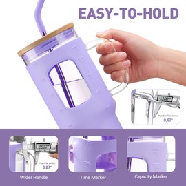 WINSA Glass Tumbler with Straw and Lid, 40 oz Glass Cup with Handle, Glass Water Bottles with Time Marker, 2 Straws - Pearl Straw & Drinking Straw Silicone Protective Sleeve-Purple