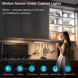 Sanofuturion Motion Sensor Under Cabinet Lighting-Magnetic Rechargeable Closet Lights for Kitchen,Stairs,Wardrobe | 3-Color Dimmable LED Under Counter Lighting | Pro Battery Upgrade​ (12inch-4Pack)