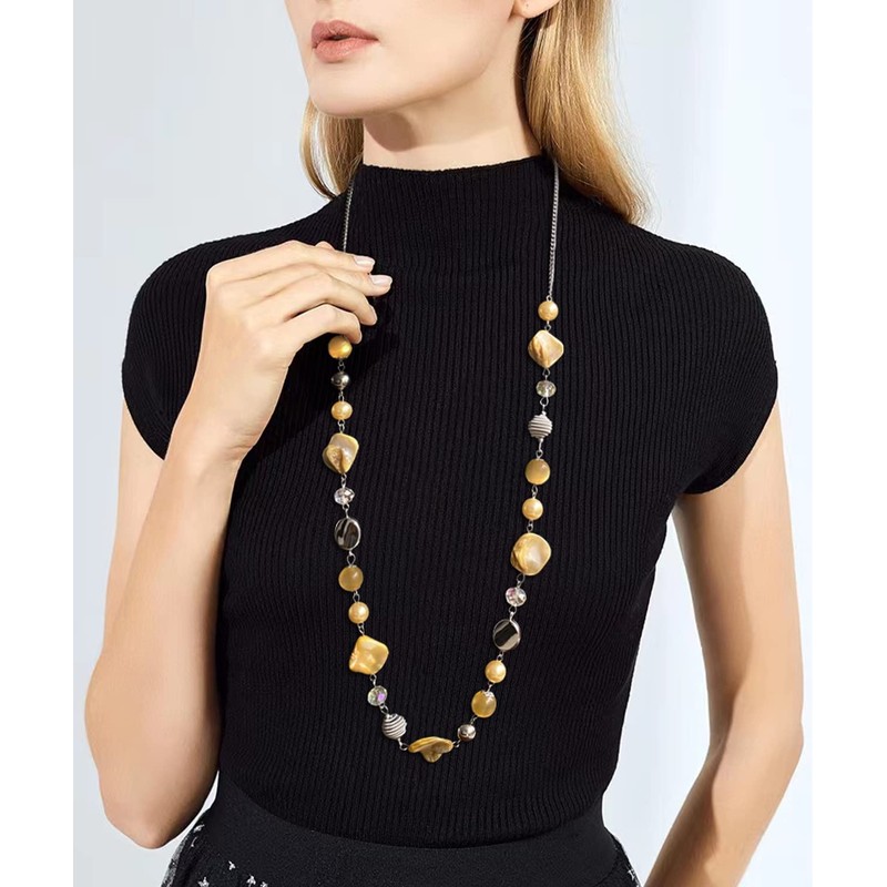 FULU AUTUMN Long Silver Beaded Necklace for Women Chain Necklace