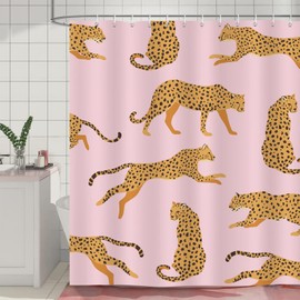 Bonhause Pink Leopard Shower Curtain for Bathroom Tropical Animal Cheetah Trendy Decorative Bath Curtain 72 x 84 Inch Polyester Fabric Waterproof Bathroom Curtain with 12 Hooks